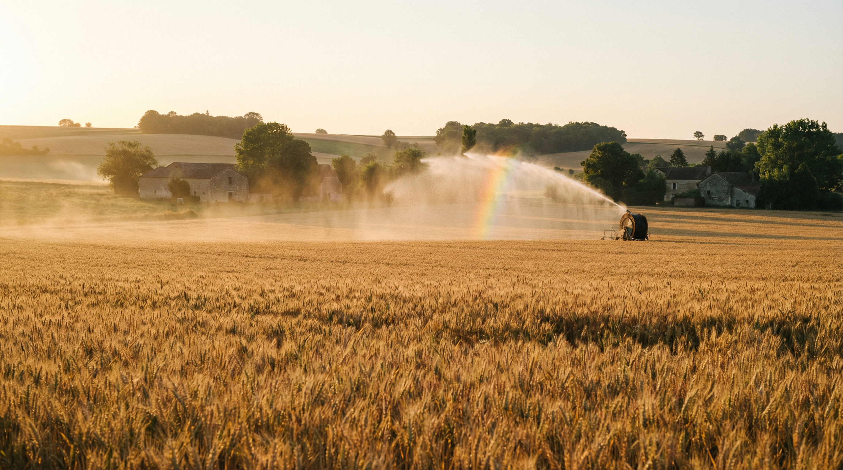 Champ irrigué au lever du soleil
